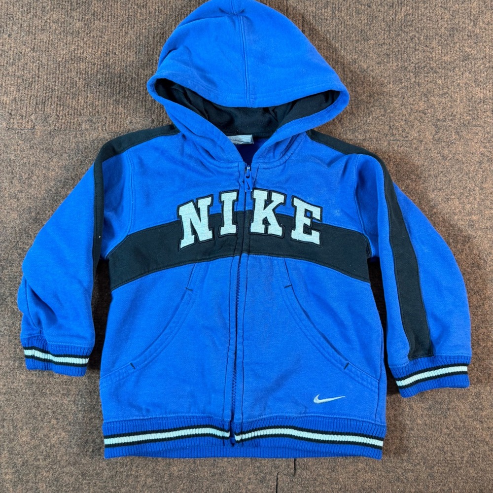 cute rare y2k Nike Kid Blue Black Full Zip Spellout Swoosh Hoodie Sweatshirt 36M